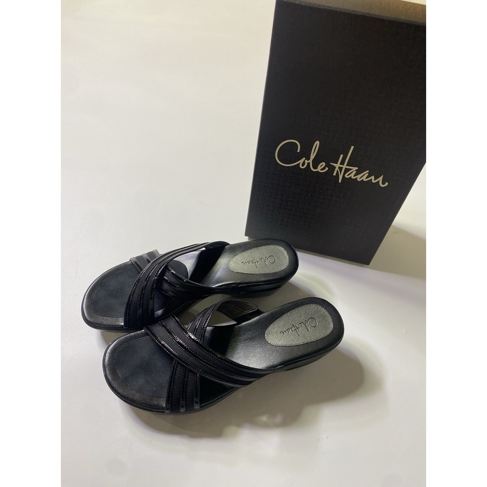 COLE HAAN G Series Black Patent & Fabric Criss Cross Wedge Slides Women's 7.5 AA